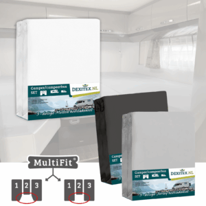 Textielpakket Camper lengtebedden met midden matras – 1 hoeslakenset (3 delig) + 1 moltonset (3 delig)